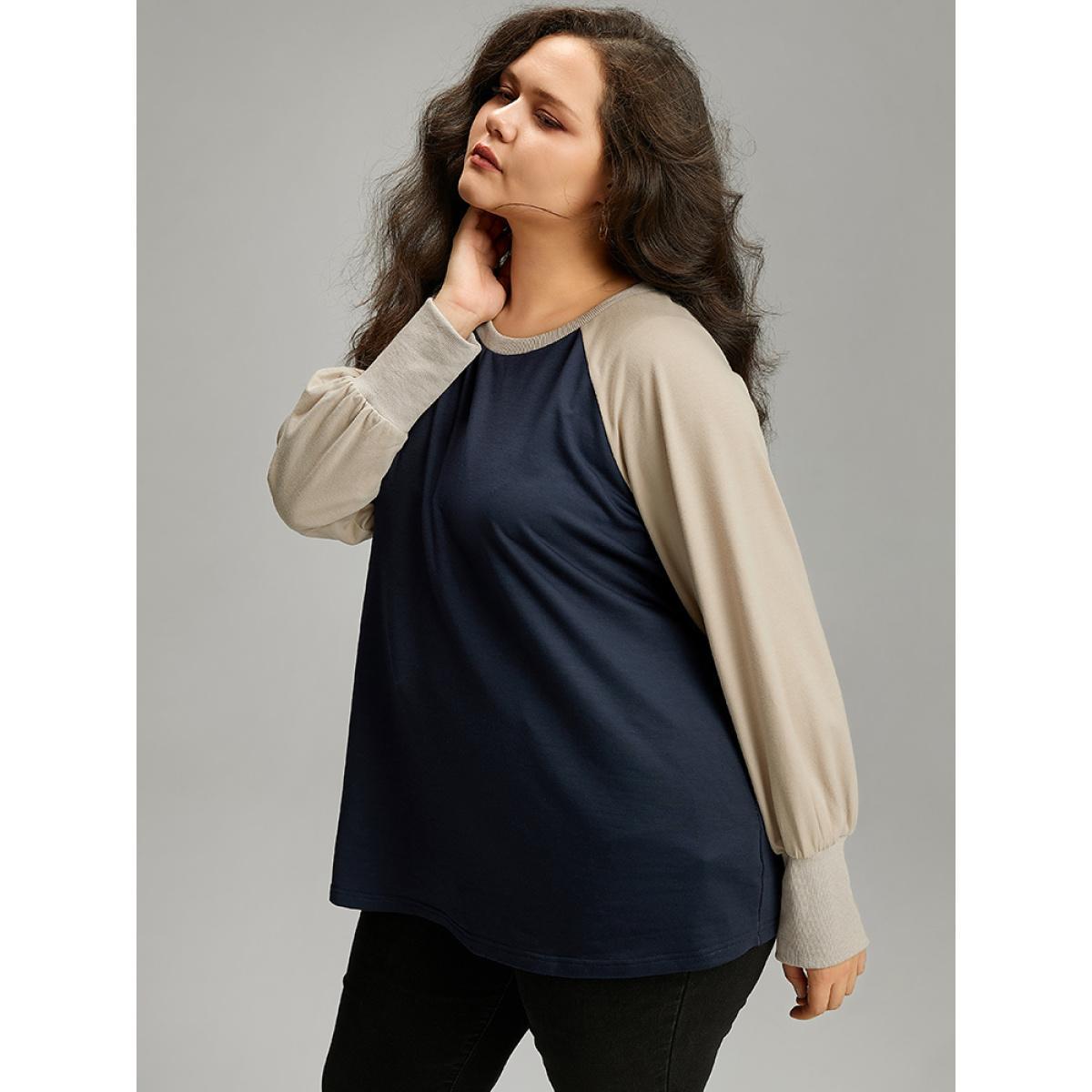 Plus Size Contrast Raglan Sleeve Elastic Cuffs Sweatshirt Women Navy Casual Contrast Round Neck Dailywear Sweatshirts BloomChic 14-16/1X Product Image