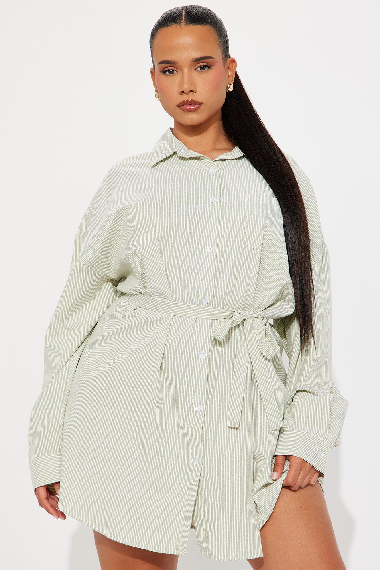Morgan Pinstripe Shirt Mini Dress - Olive/combo Product Image