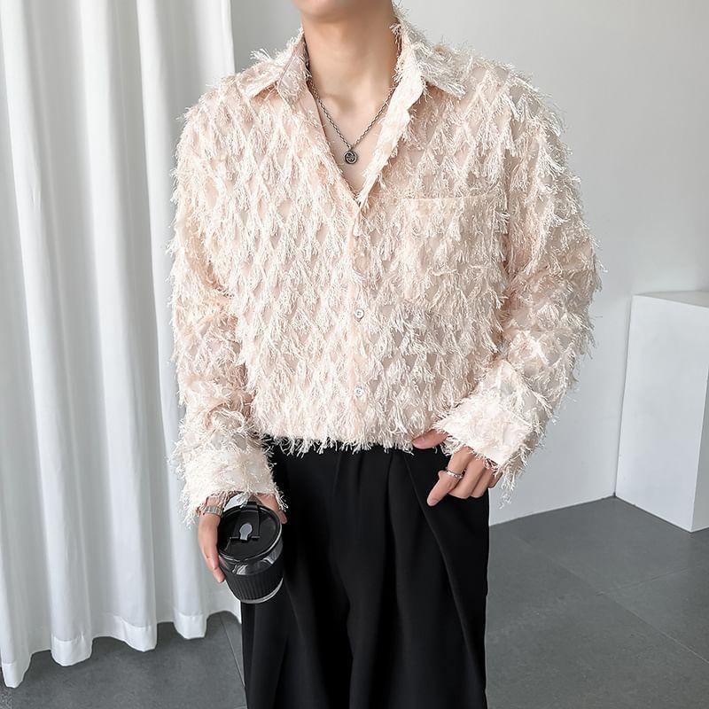 Long-Sleeve Plain Fringed Shirt Product Image