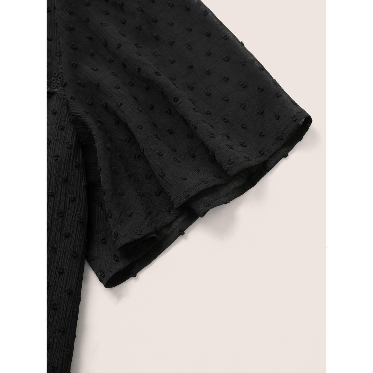 Plus Size Black Solid Texture Lace Trim See Through Gathered Blouse Women Elegant Short sleeve Round Neck Everyday Blouses BloomChic 22-24/3X Product Image