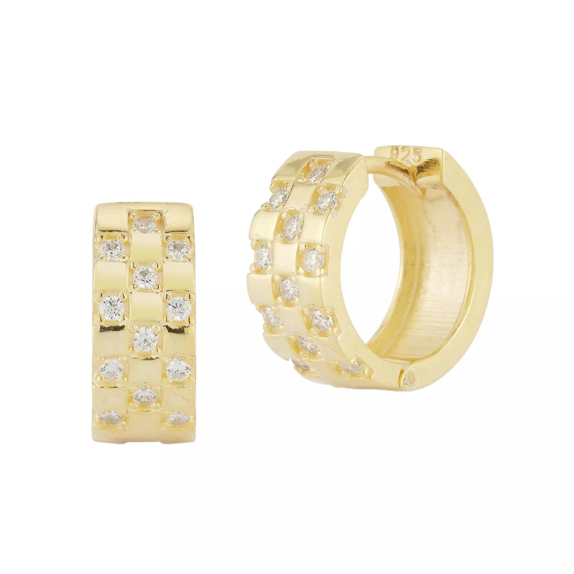 Sunkissed Sterling 14k Gold Over Cubic Zirconia Checkered Huggie Earrings, Women's, Yellow Gold Tone Product Image