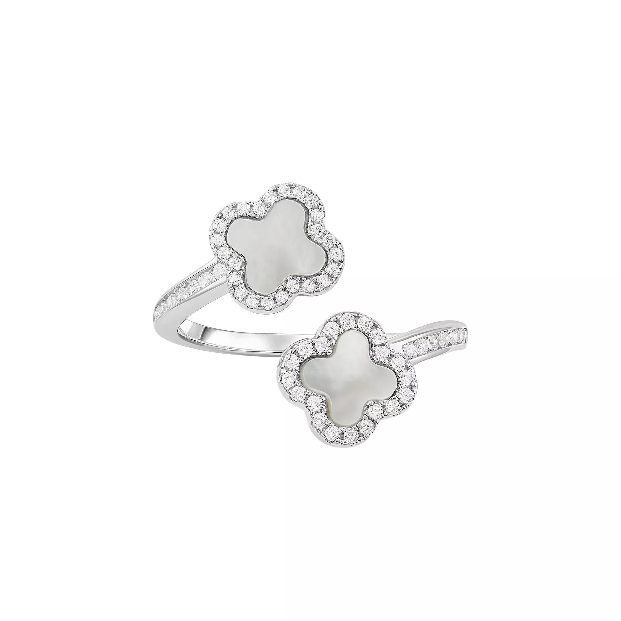 PRIMROSE Fine Silver Plated Cubic Zirconia & Mother-of-Pearl Double Clover Bypass Ring, Women's, Size: 9, Silver Tone Product Image