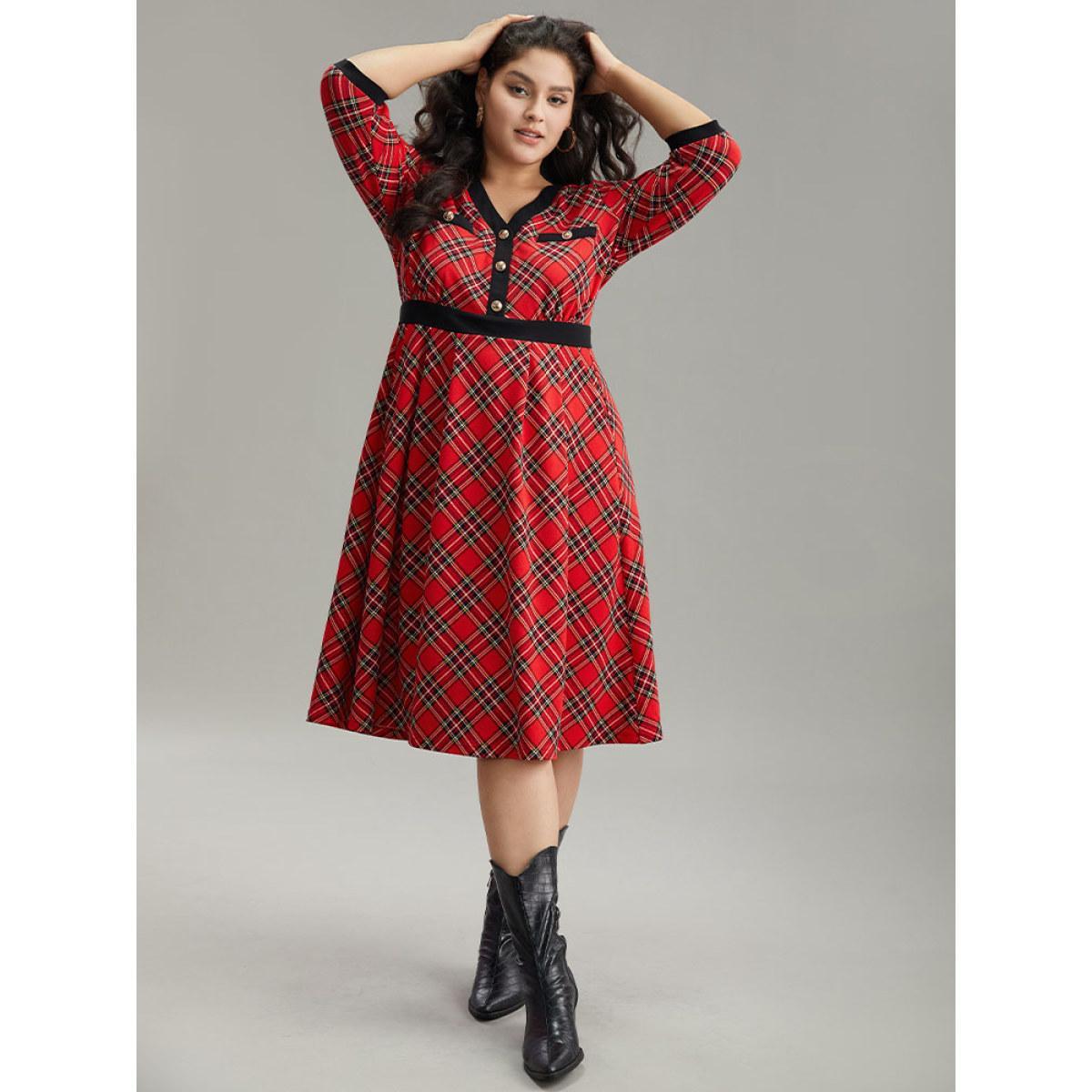 Plus Size Plaid Contrast Trim Pocket Button Detail Dress Raspberry Women Casual Printed V-neck Elbow-length sleeve Curvy Midi Dress BloomChic 22-24/3X Product Image