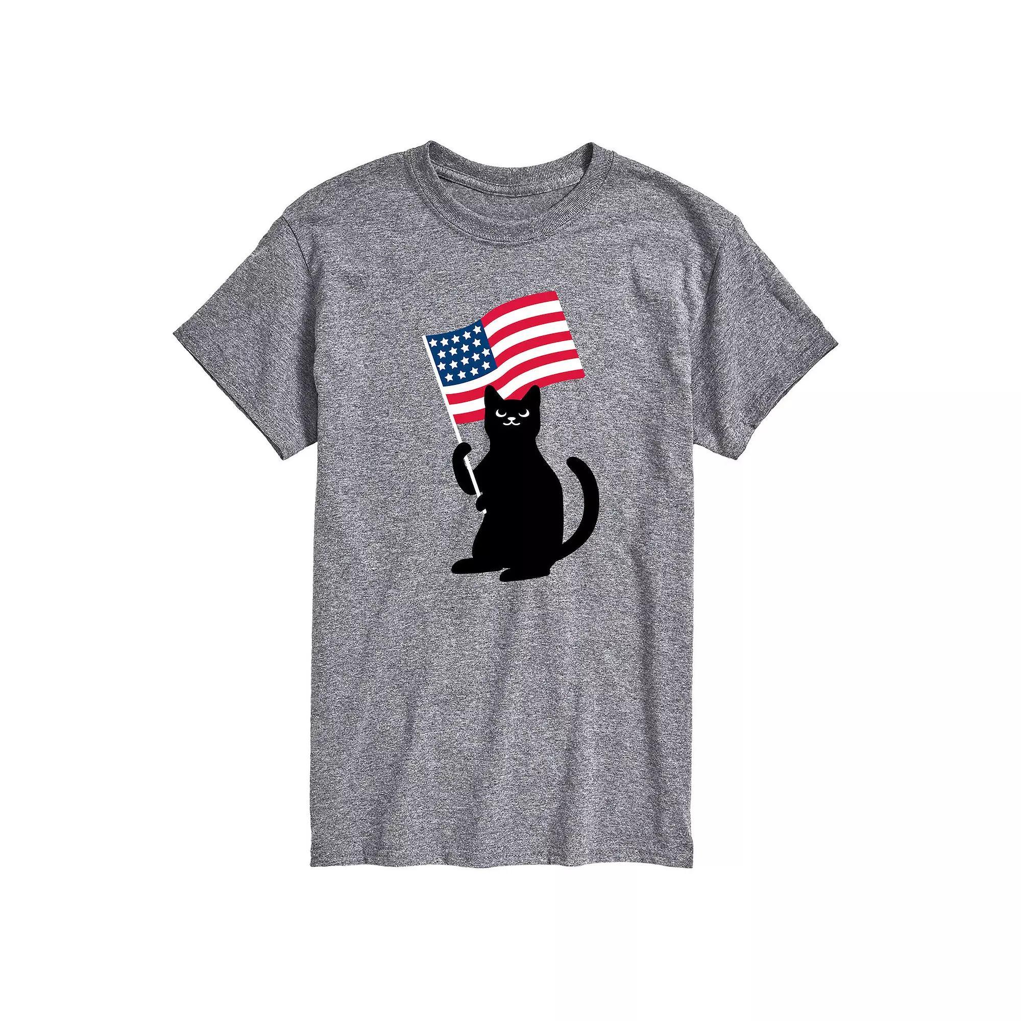 Mens Black Cat With Flag Graphic Tee. Grey Gray Product Image