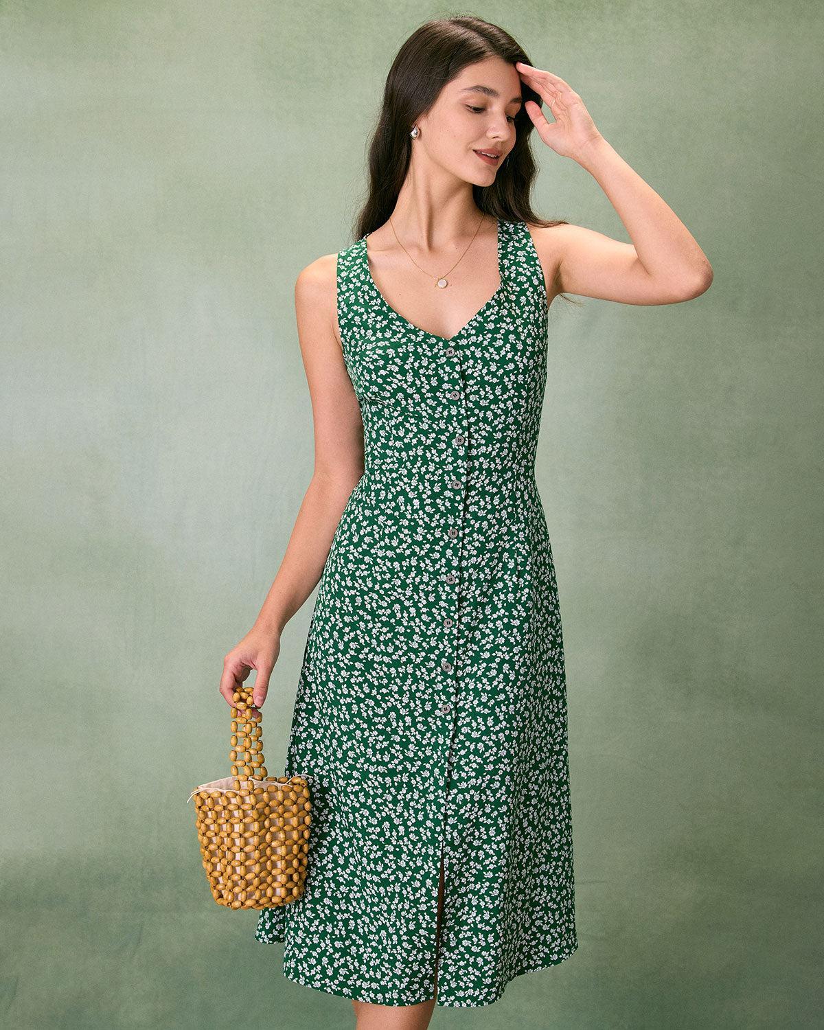 The Green V Neck Floral Button Midi Dress Product Image