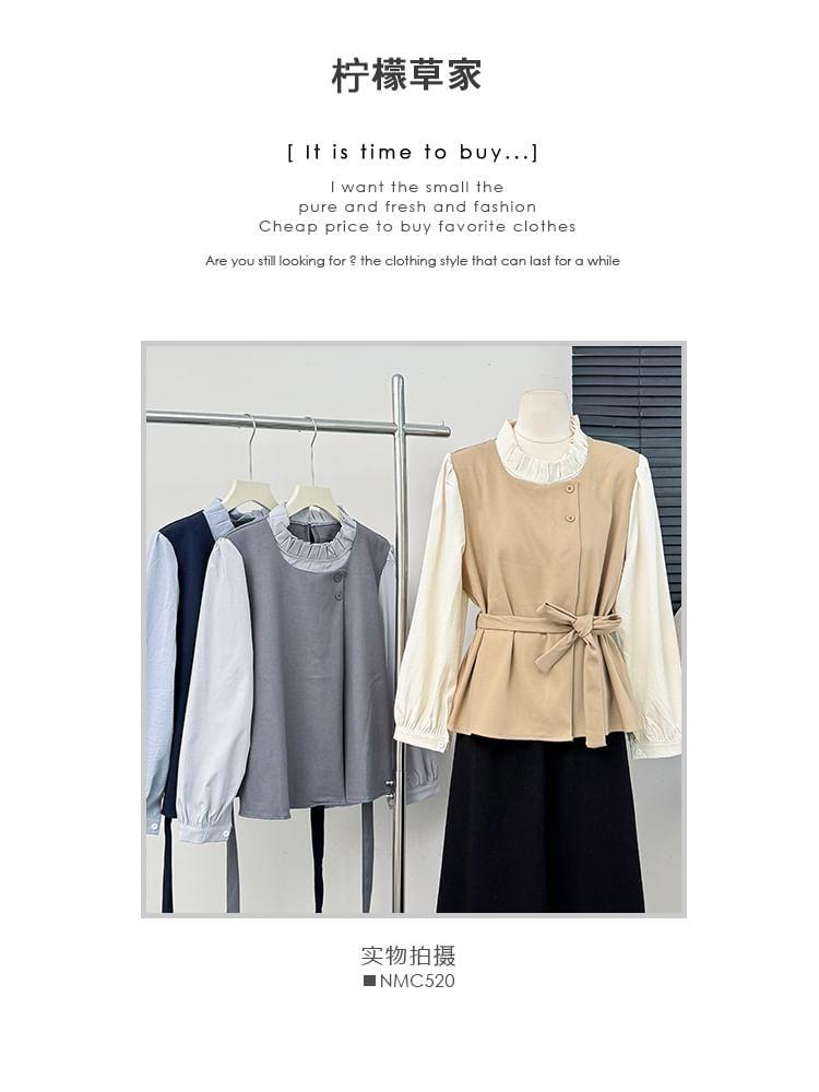 Colorblock Mock Two-Piece Loose Blouse with Sash Product Image