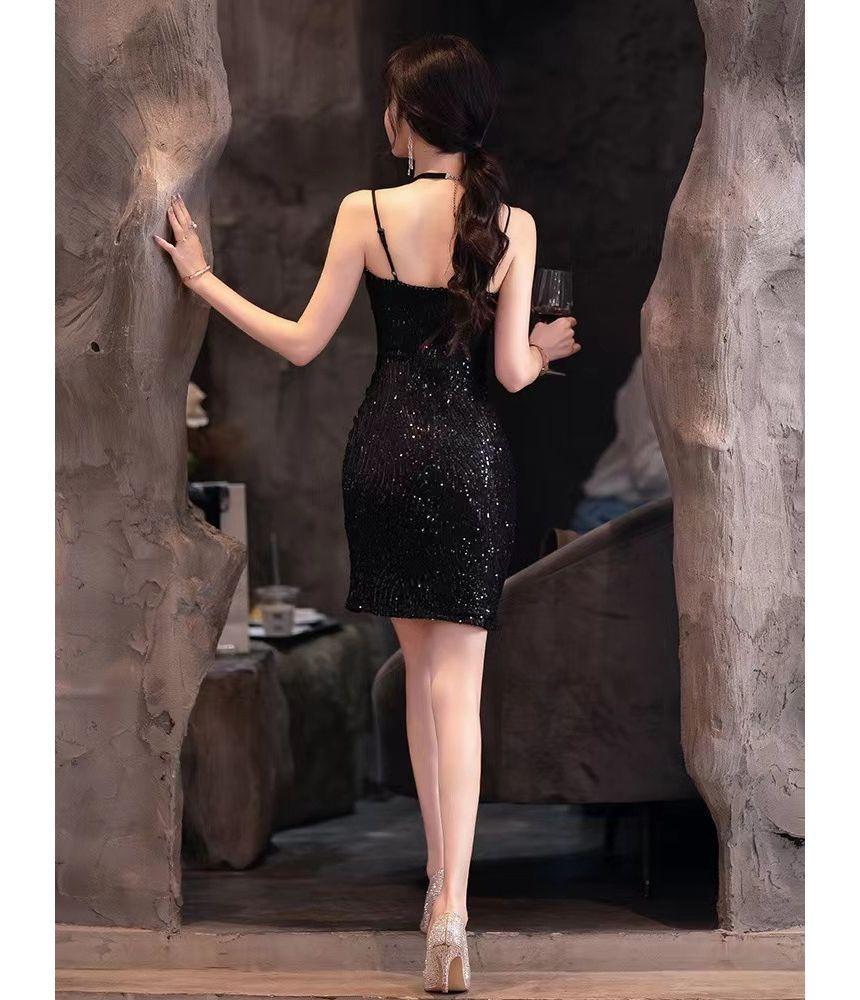 Spaghetti Strap V-Neck Glitter Slit Mini Sheath Party Dress Product Image