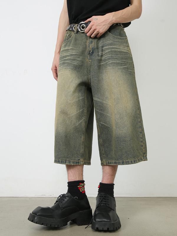 Men'S Retro Washed Wide Leg Straight Denim Shorts Product Image