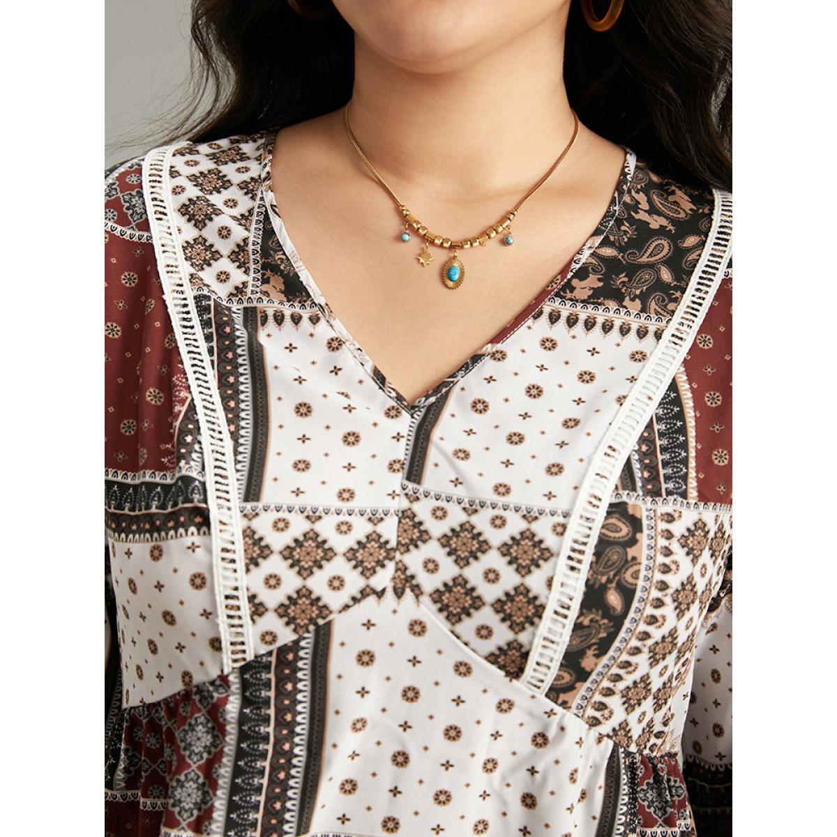 Plus Size Scarlet Moroccan Print Lace Panel Ruffles Frill Trim Blouse Women Vacation Elbow-length sleeve V-neck Vacation Blouses BloomChic 18-20/2X Product Image