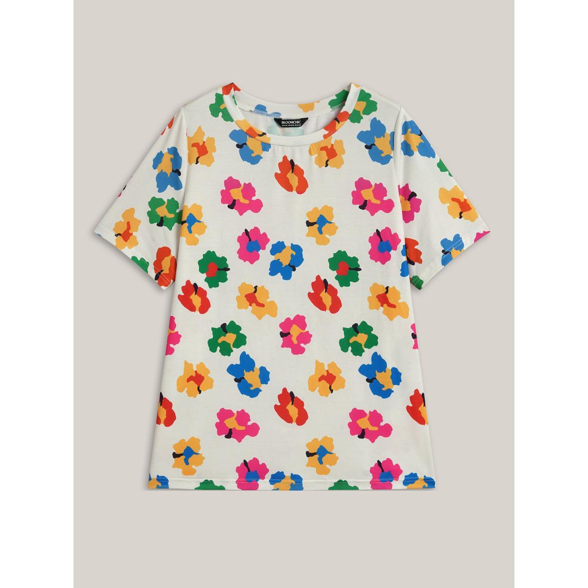 Plus Size Multi-Color Floral Print Fitted T-Shirt Multicolor Women Casual Non Round Neck Everyday T-shirts BloomChic 22-24/3X Product Image