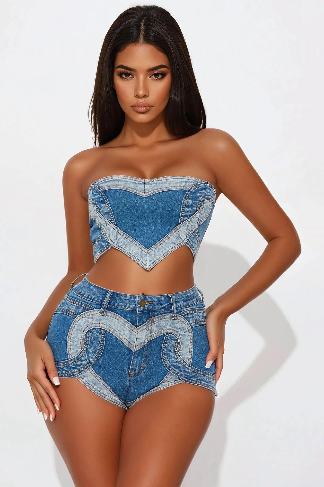 I Heart You Denim Short Set - Medium Wash Product Image
