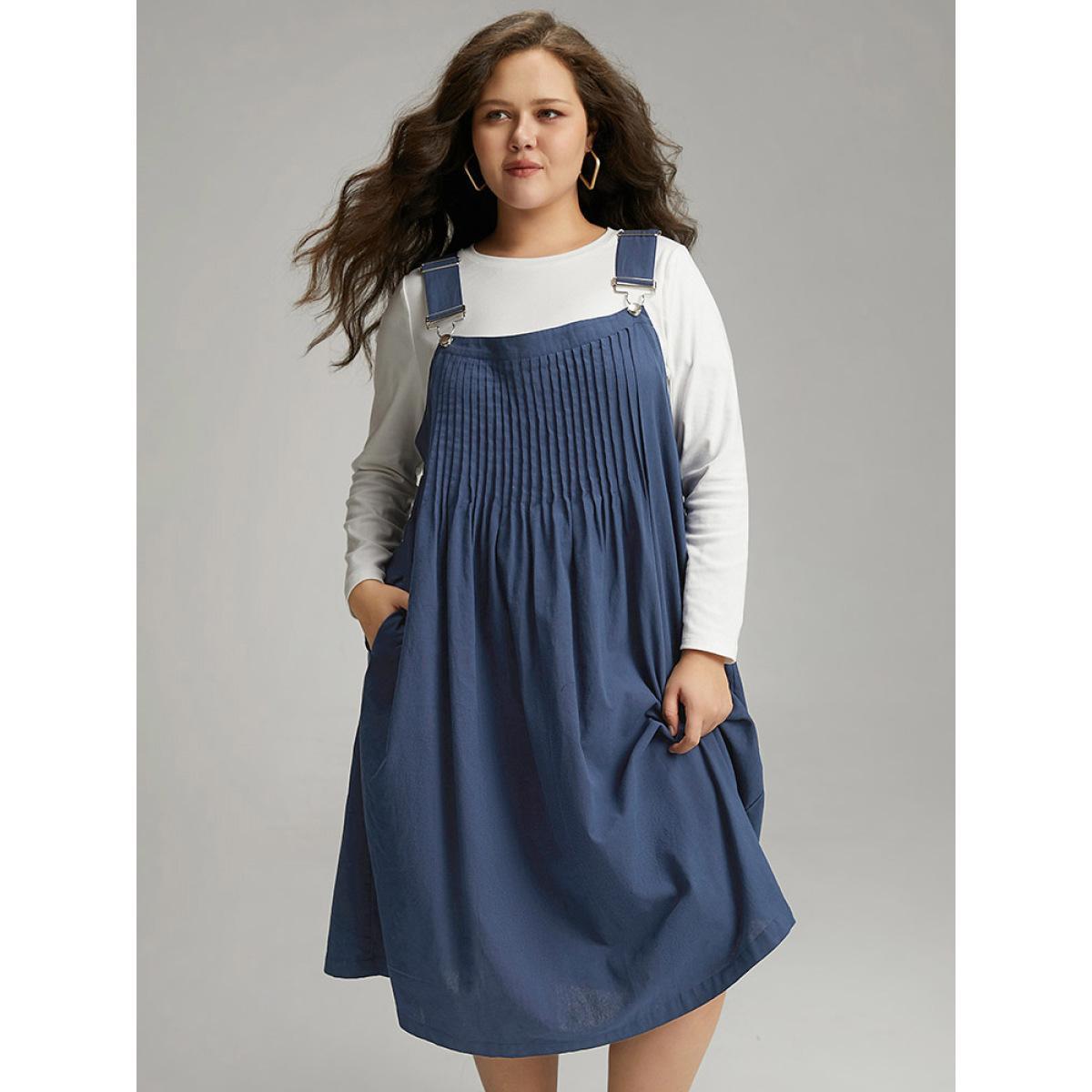 Plus Size Plain Plicated Detail Adjustable Straps Dress Indigo Women Casual Adjustable Straps Spaghetti Strap Sleeveless Curvy Midi Dress BloomChic 22-24/3X Product Image