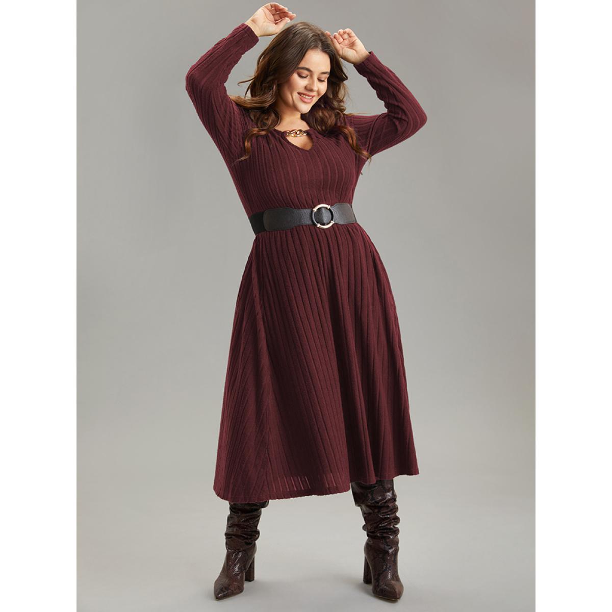 Plus Size Rib Knit Plain Notched Pocket Dress Scarlet Women Work From Home Rib Knit Notched collar Long Sleeve Curvy Midi Dress BloomChic 30/6X Product Image
