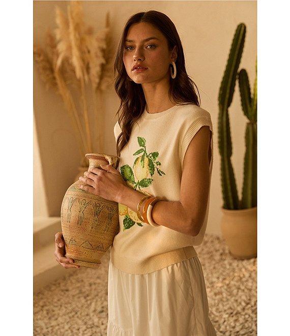Skies Are Blue Lemon Printed Crew Neck Sleeveless Sweater Top Product Image