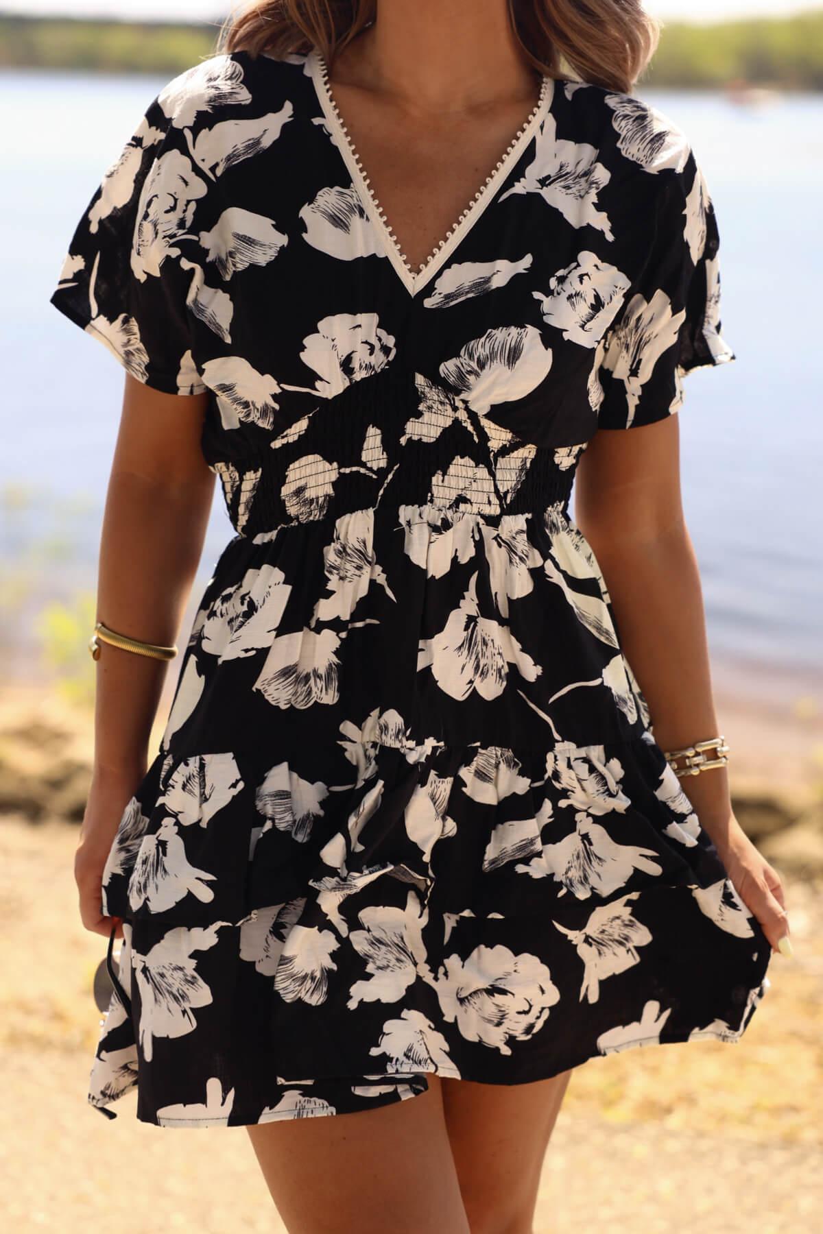Black Print Smock Tiered Mini Dress - FINAL SALE Product Image