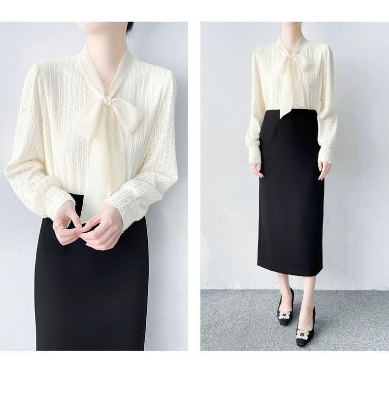 Long-Sleeve Tie-Neck Plain Blouse Product Image
