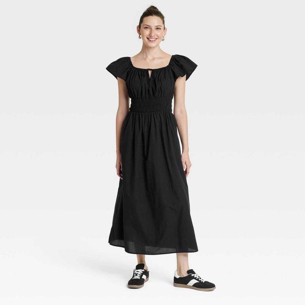 Womens Smocked Flutter Sleeve Midi A-Line Dress - Universal Thread Black XS: Cotton, Side Pocket, Pull-On Product Image