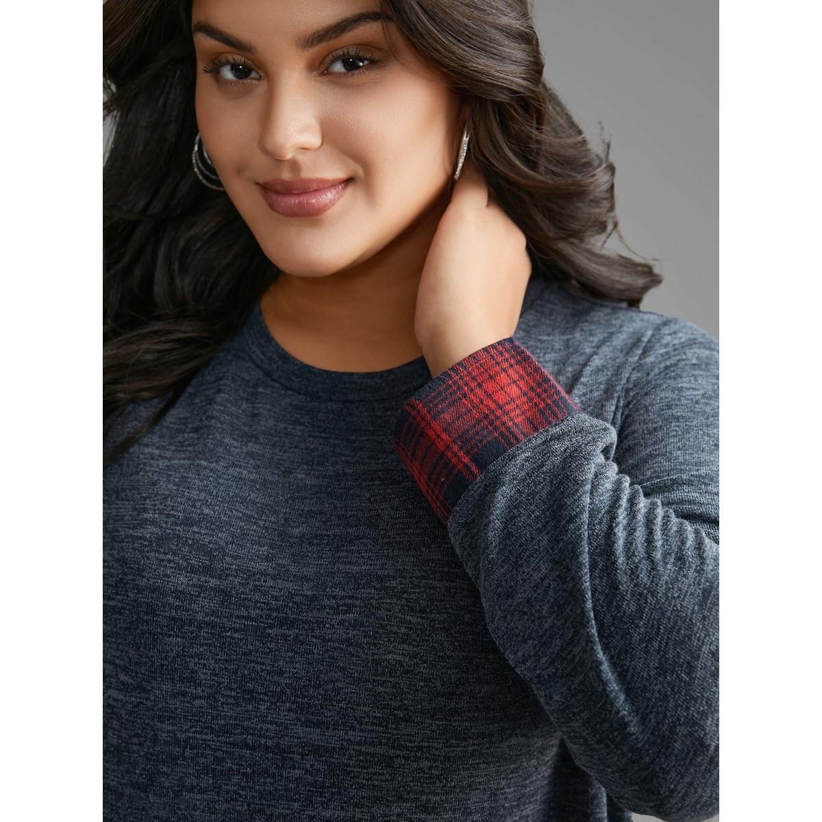 Plus Size Round Neck Plaid Patchwork Heather T-shirt Indigo Women Casual Contrast Round Neck Loose Everyday T-shirts BloomChic 28/5X Product Image