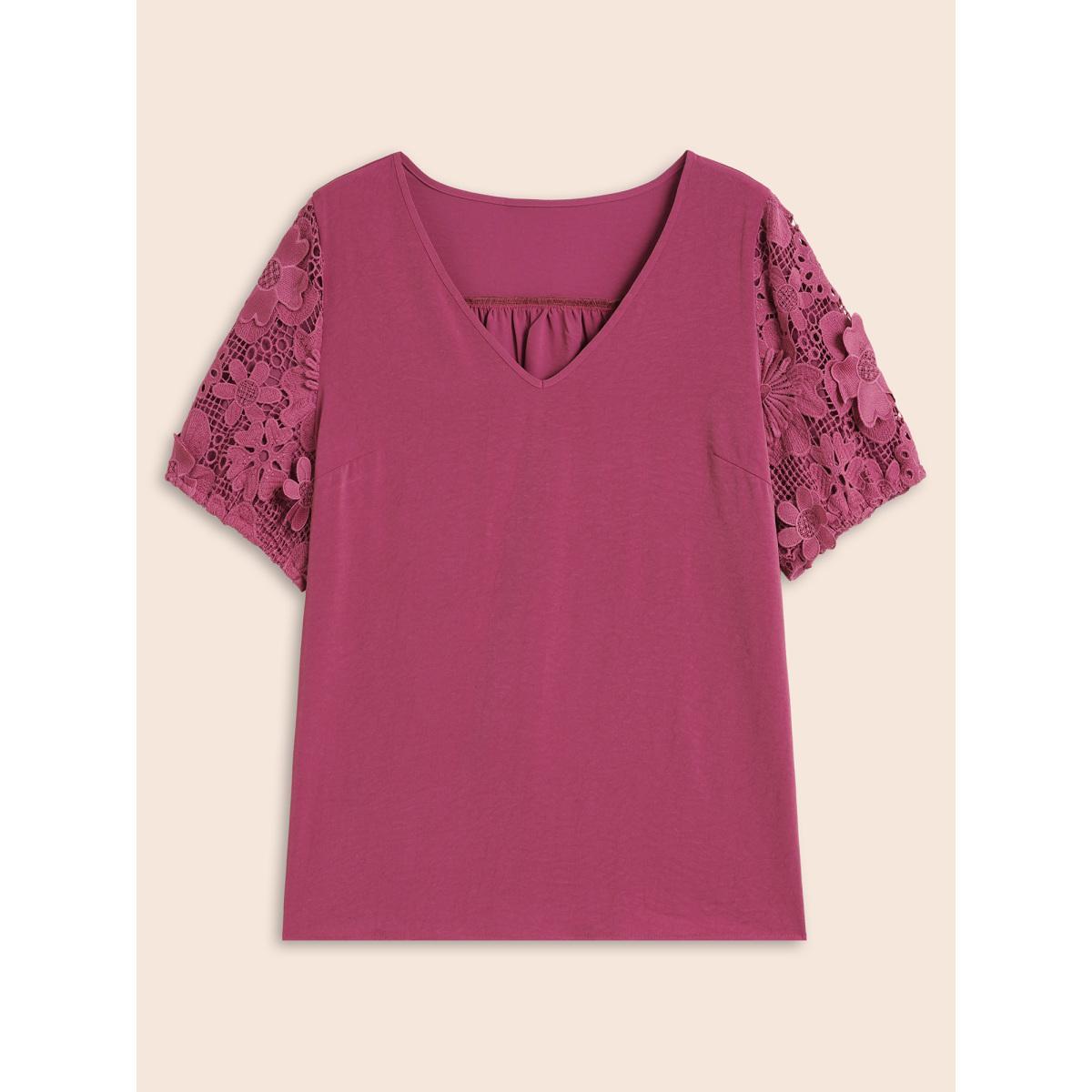 Plus Size RedViolet V Neck Lace Panel Slit Hem Blouse Women Elegant Long Sleeve V-neck Everyday Blouses BloomChic 26/4X Product Image