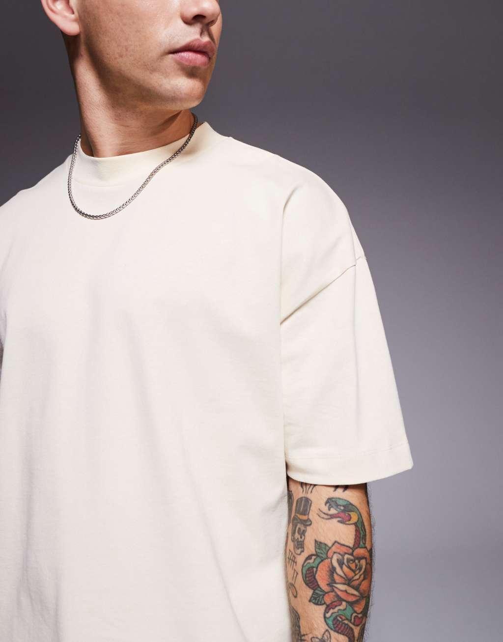 ASOS DESIGN heavyweight oversized boxy drop shoulder T-shirt in cream Product Image