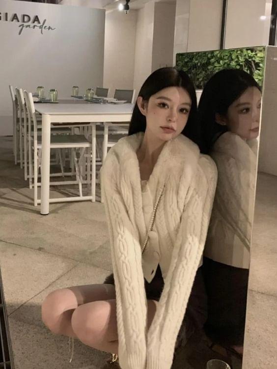 Long Sleeve Detachable Faux Fur Collar Plain Cable-Knit Slim-Fit Cardigan Product Image