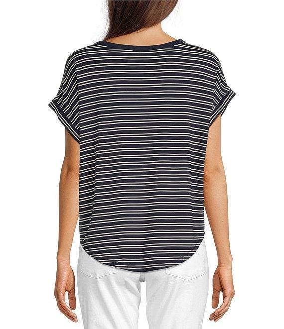 Lucky Brand Sandwash Stripe Contrast Trim Crew Neck Short Dolman Sleeve Top Product Image