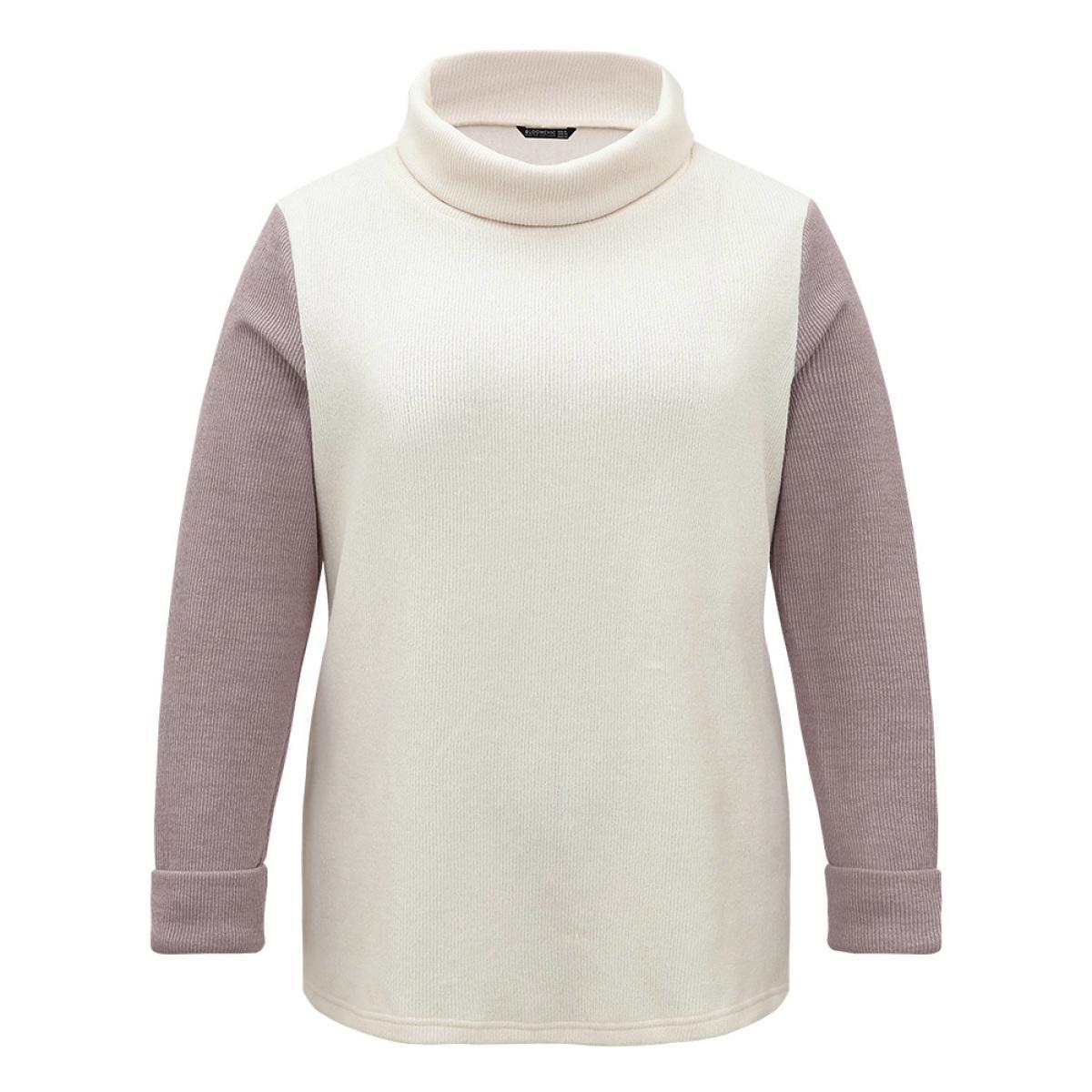 Plus Size Two Tone Turtle Neck Patchwork Sweatshirt Women White Casual Texture Turtleneck Dailywear Sweatshirts BloomChic 22-24/3X Product Image