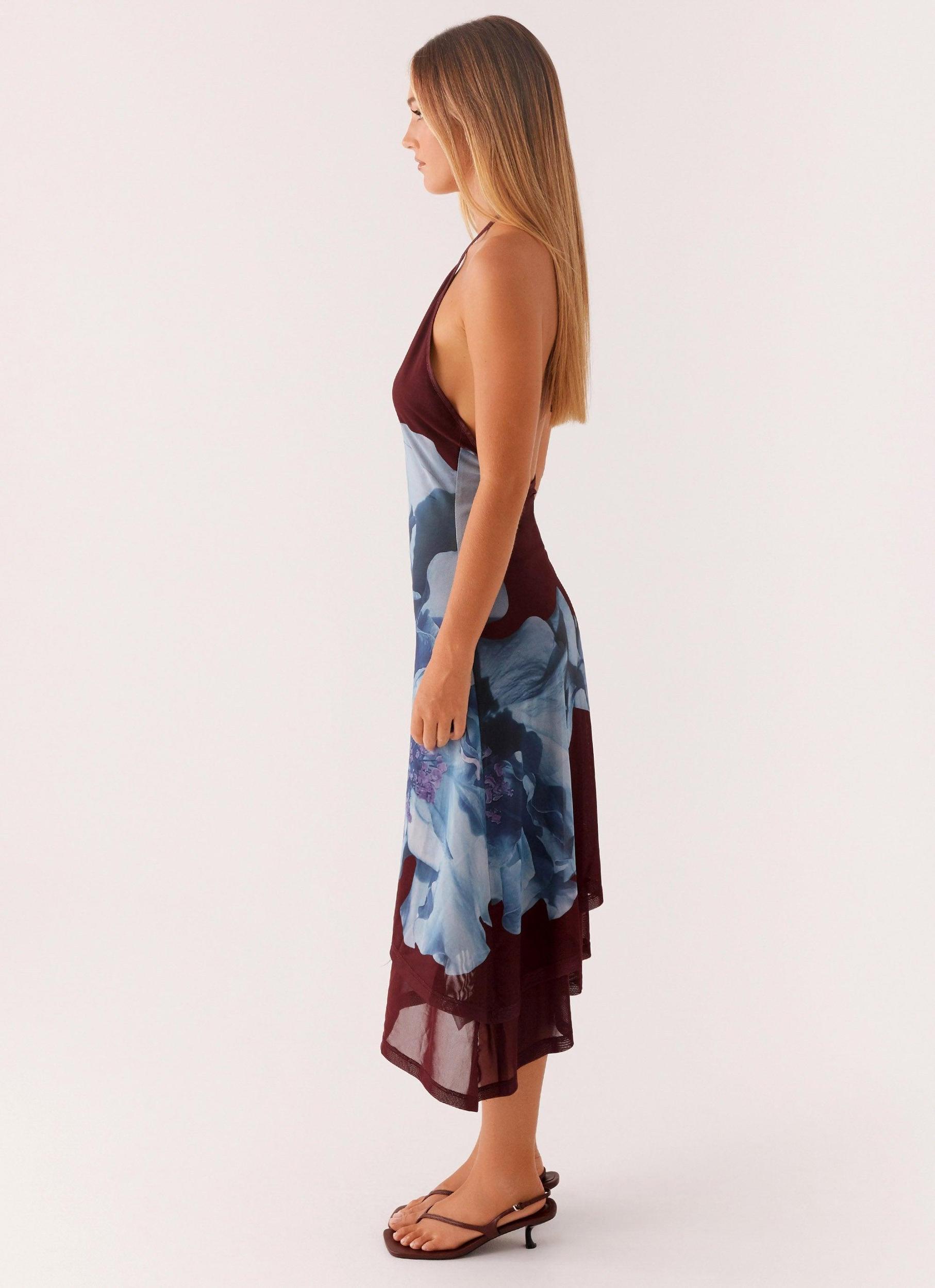 Brinley Halterneck Midi Dress - Maroon Print Product Image
