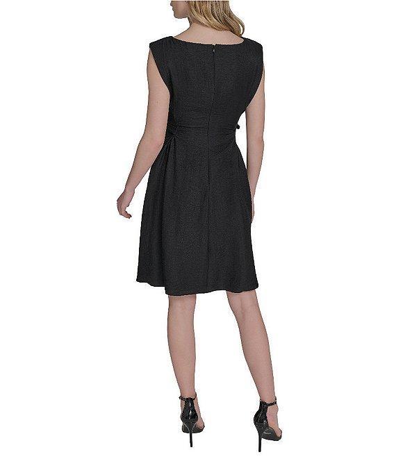 Vince Camuto Woven Boat Neck Sleeveless Ruched Fit and Flare Dress Product Image