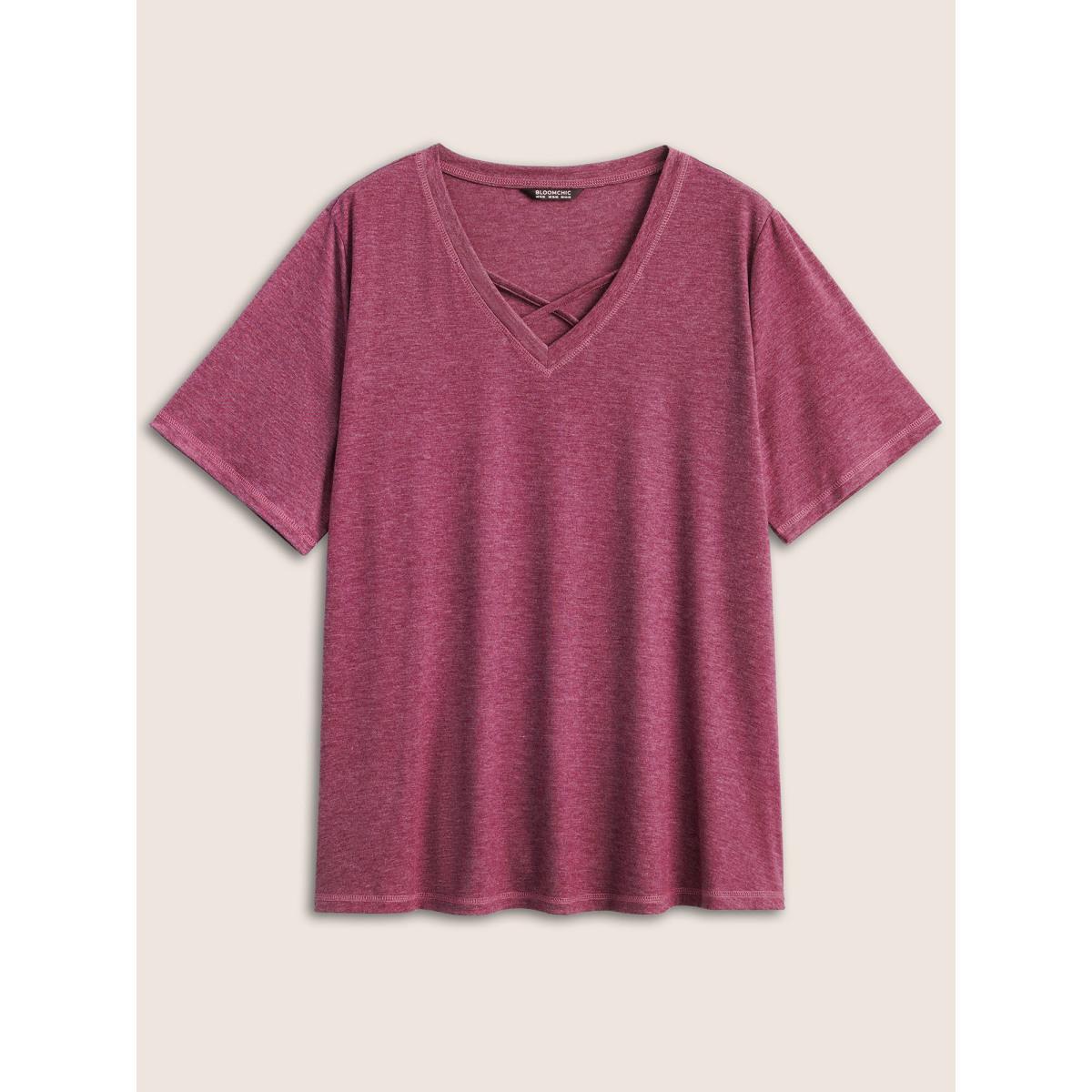 Plus Size Solid Crisscross Neck Contrast Stitch T-shirt RedViolet Women Casual Plain V-neck Everyday T-shirts BloomChic 12/L Product Image
