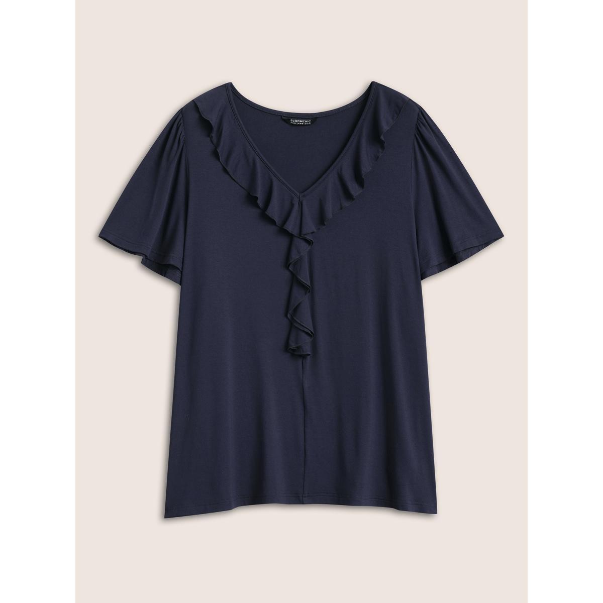 Plus Size Supersoft Essentials Solid Ruffle Trim T-shirt Indigo Women Elegant Non Plain V-neck Everyday T-shirts BloomChic 10/M Product Image
