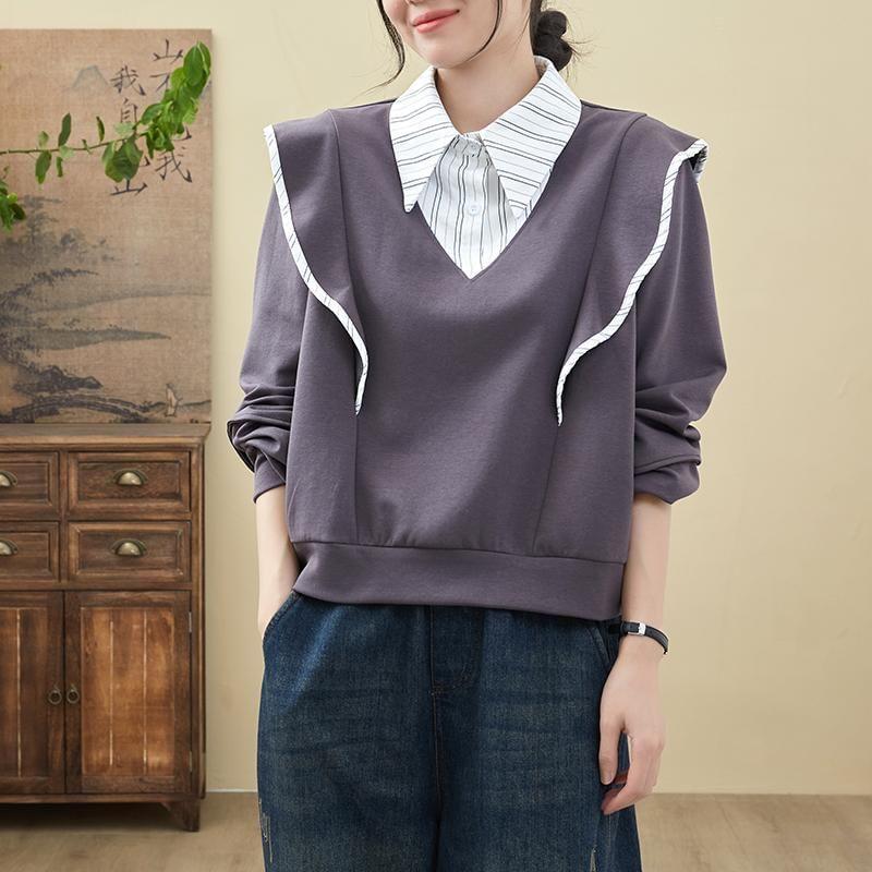 Collared Mock Two-Piece Striped Panel Pullover Product Image