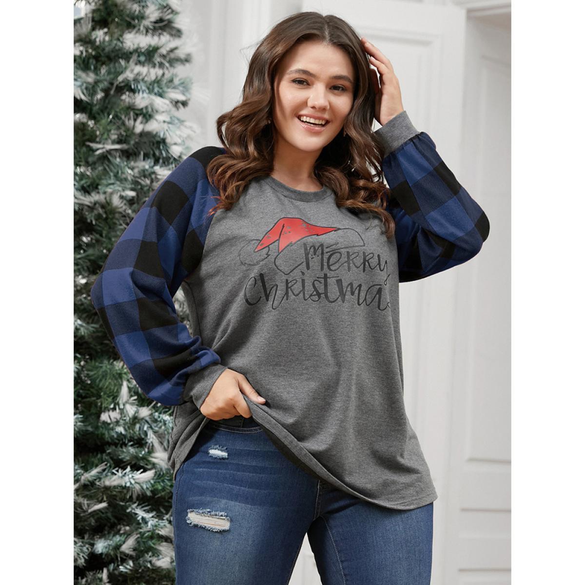Plus Size Letter Print Round Neck Plaid Long Tee DarkBlue Women Elegant Printed Graphic-Christmas Dailywear T-shirts BloomChic 30/6X Product Image