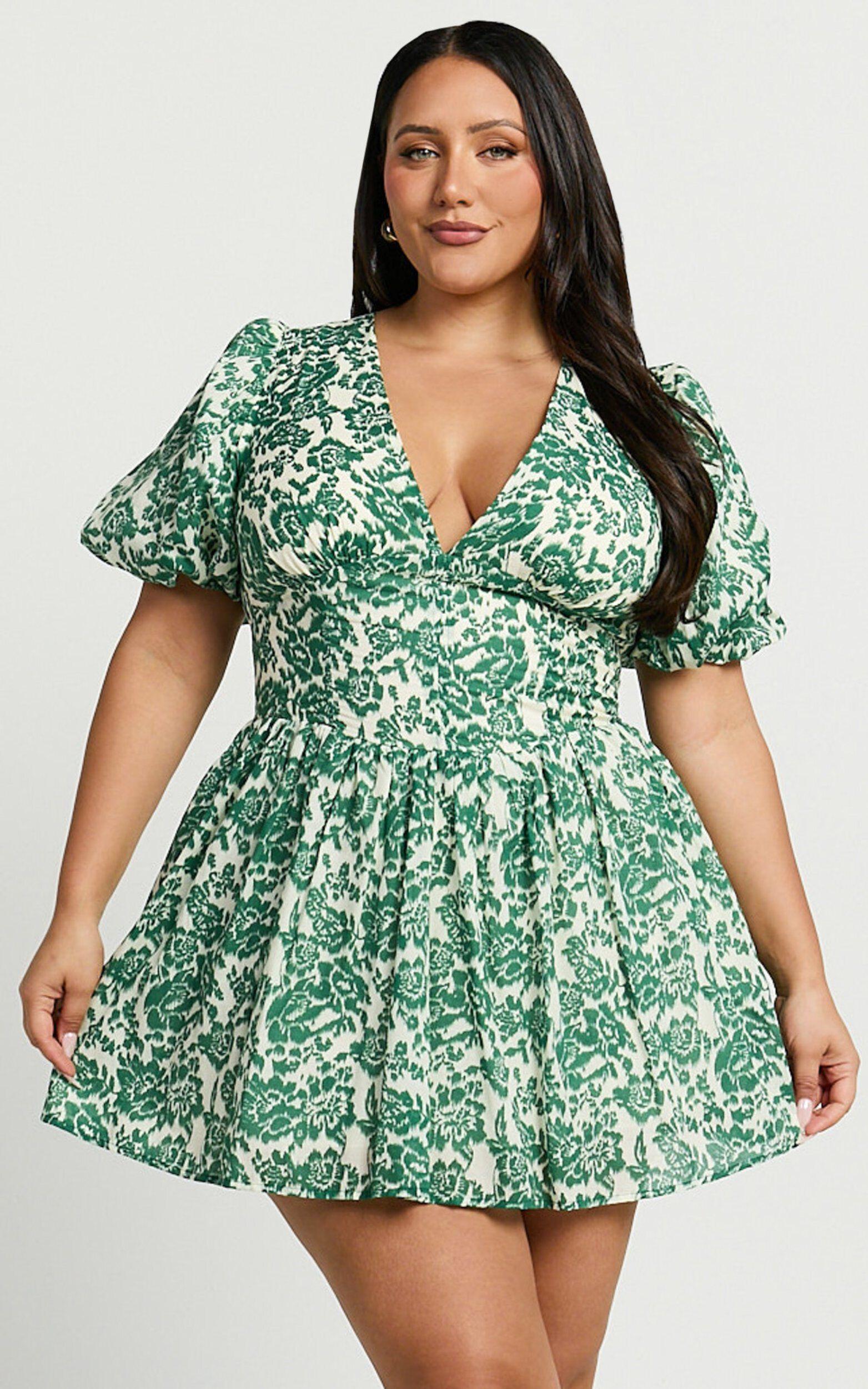 Nelli Mini Dress - Short Puff Sleeve Shirred Back Dress in Green Silhouette Product Image