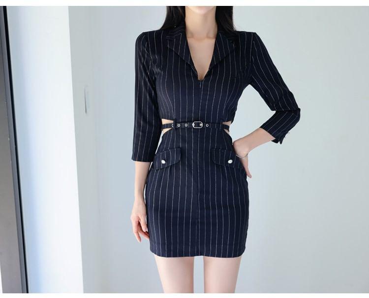 3/4-Sleeve V-Neck Striped Cutout Mini Sheath Dress Product Image