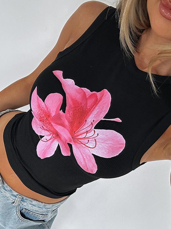 Skinny Sleeveless Flower Print Round-Neck Vest Top Product Image