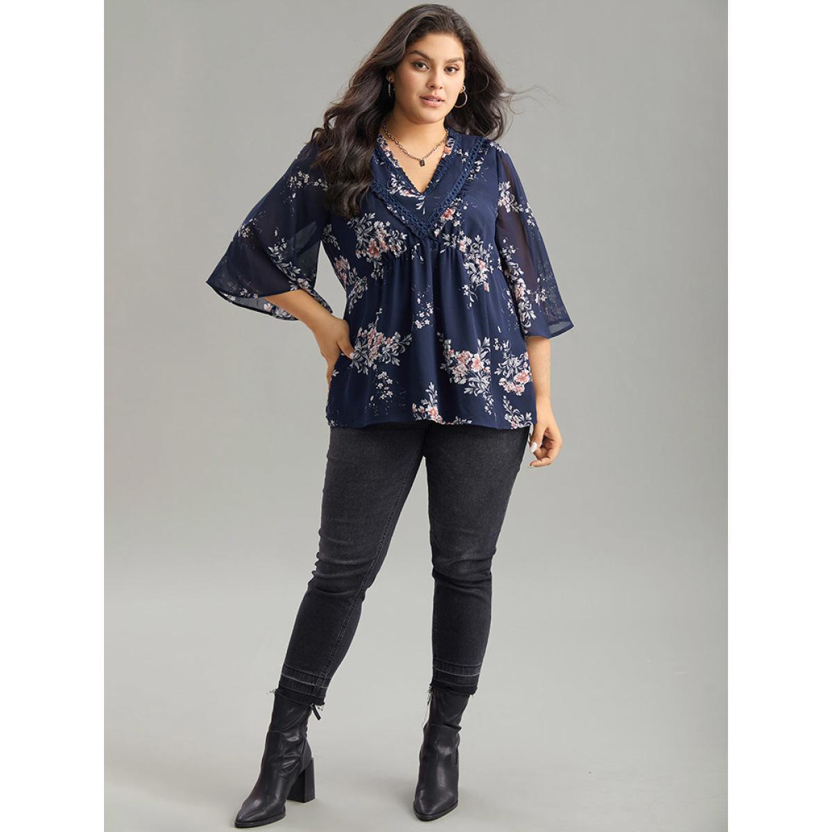 Plus Size Indigo Chiffon Floral Print Frill Trim Ruffle Blouse Women Elegant Half Sleeve V-neck Dailywear Blouses BloomChic 22-24/3X Product Image