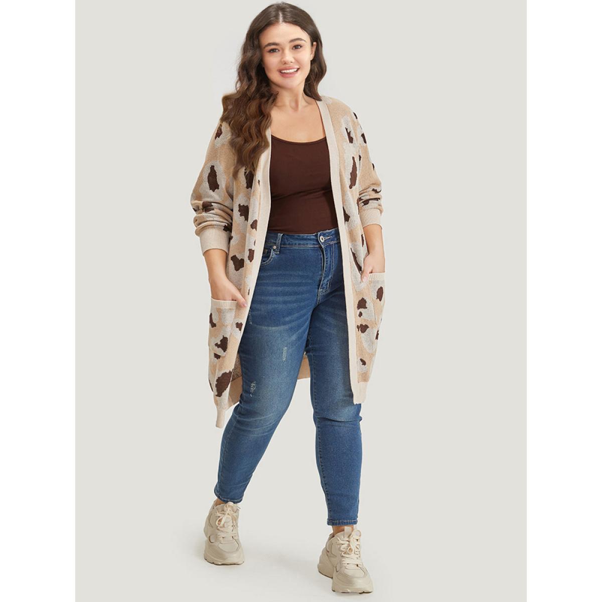 Plus Size Leopard Print Open Front Patched Pocket Cardigan Leopard Women Casual Loose Long Sleeve Dailywear Cardigans BloomChic 28/5X Product Image