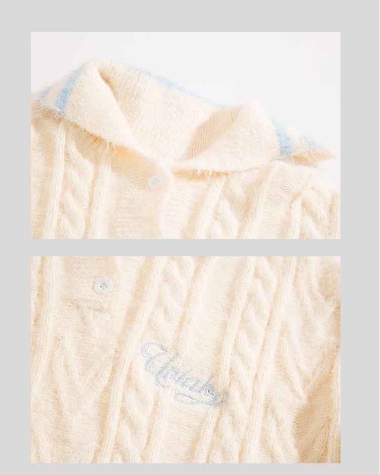Half Buttoned High Neck Cable Knit Sweater Product Image