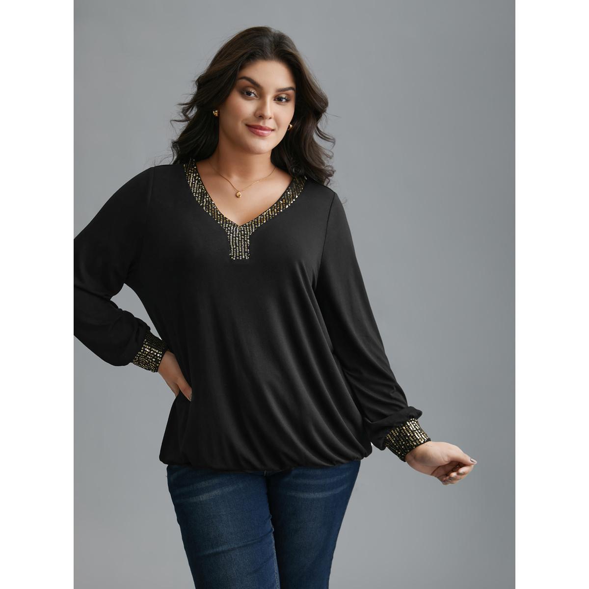 Plus Size Supersoft Essentials Sequin V-Neck T-shirt Black Women Elegant Patchwork V-neck Everyday T-shirts BloomChic 18-20/2X Product Image