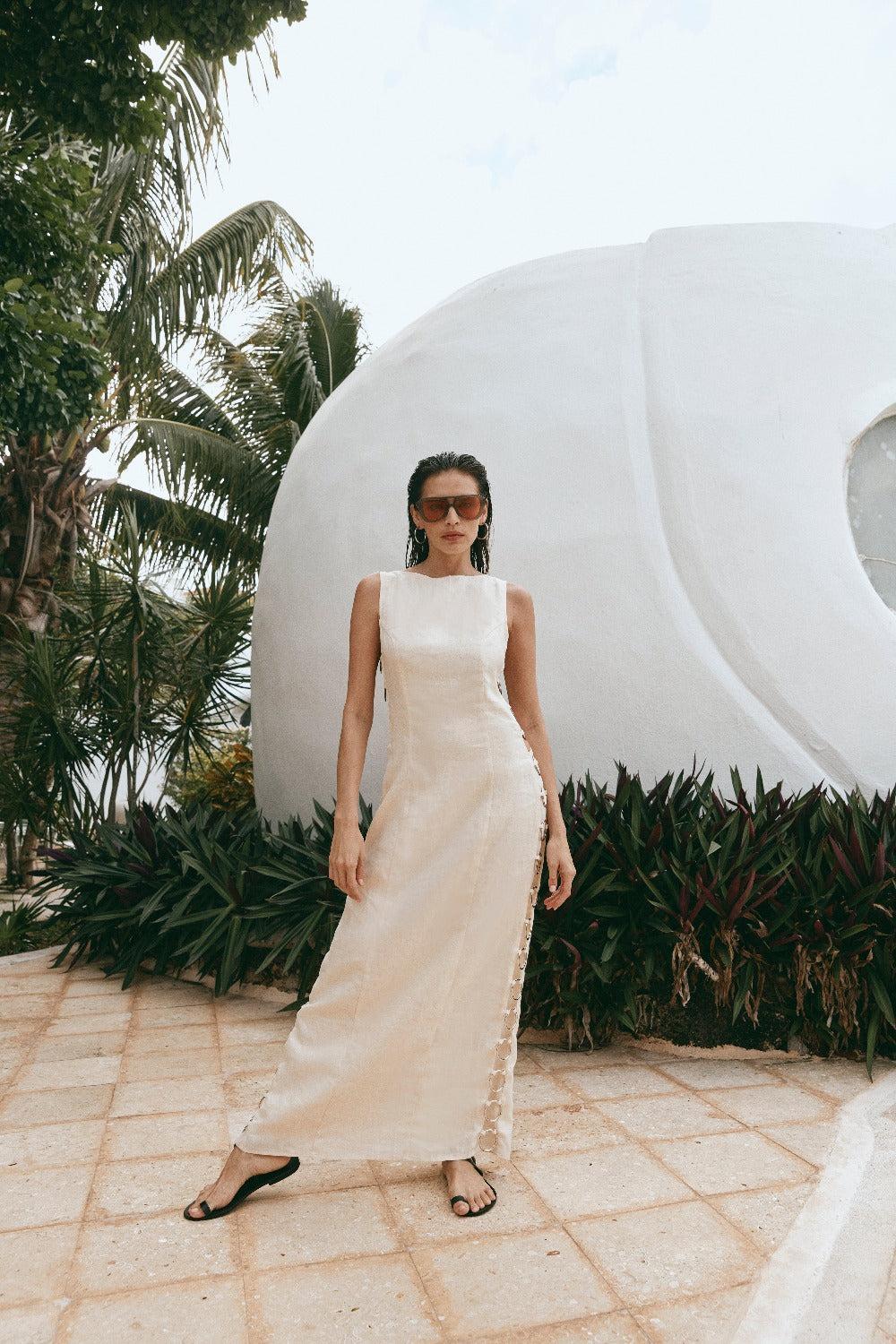 Discoteca Linen Maxi Dress Cream Product Image