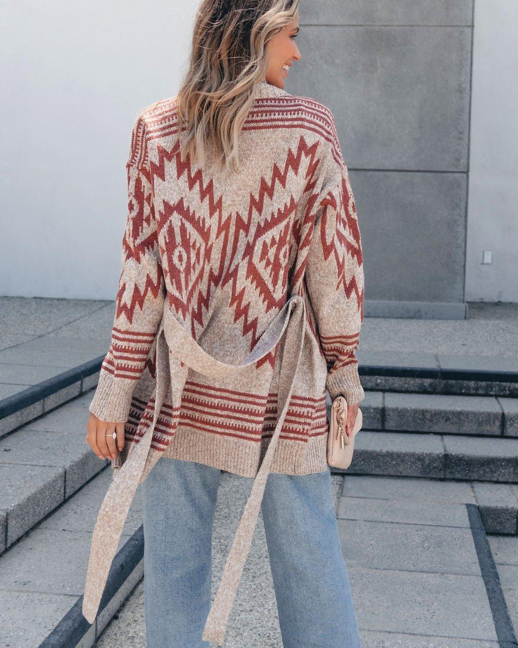 Taupe Aztec Belted Cardigan Female Product Image