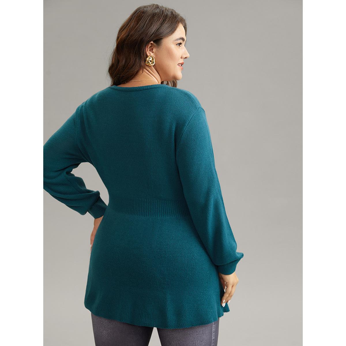 Plus Size Plain V Neck Button Detail Knit Pullover Teal Women Casual Loose Long Sleeve V-neck Dailywear Pullovers BloomChic 10/M Product Image