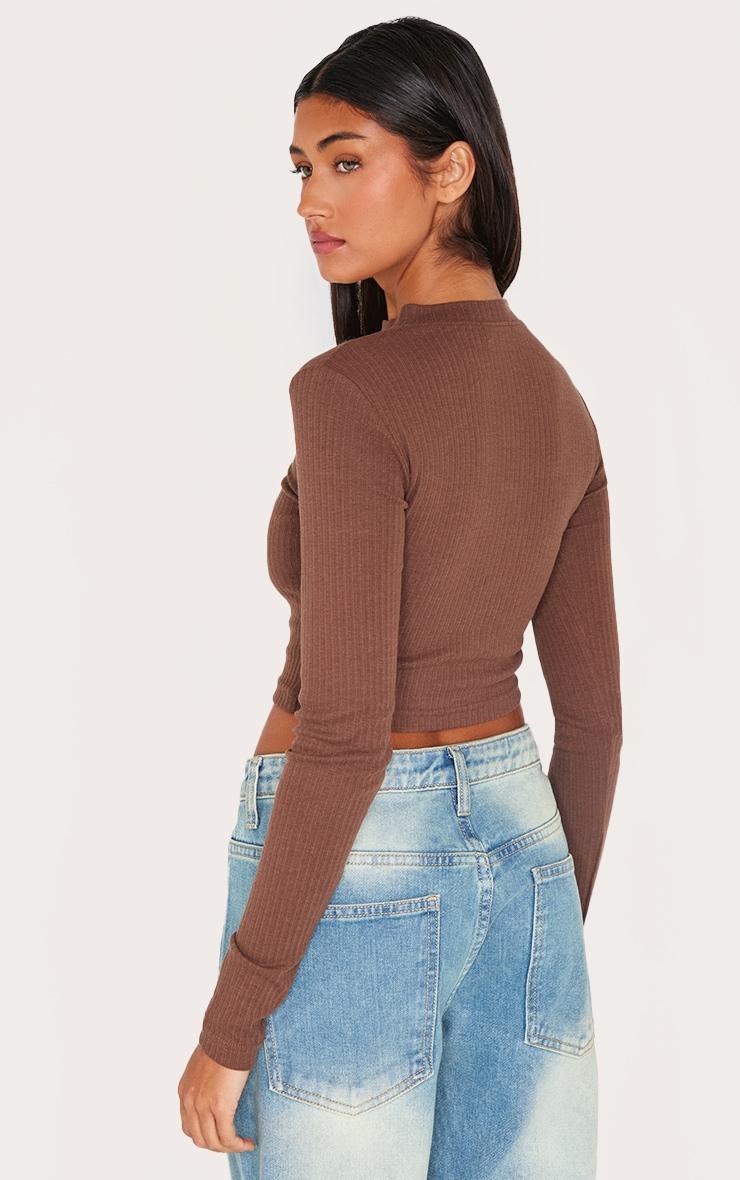 Chocolate Ribbed Button Down Detail Long Sleeve Top Product Image