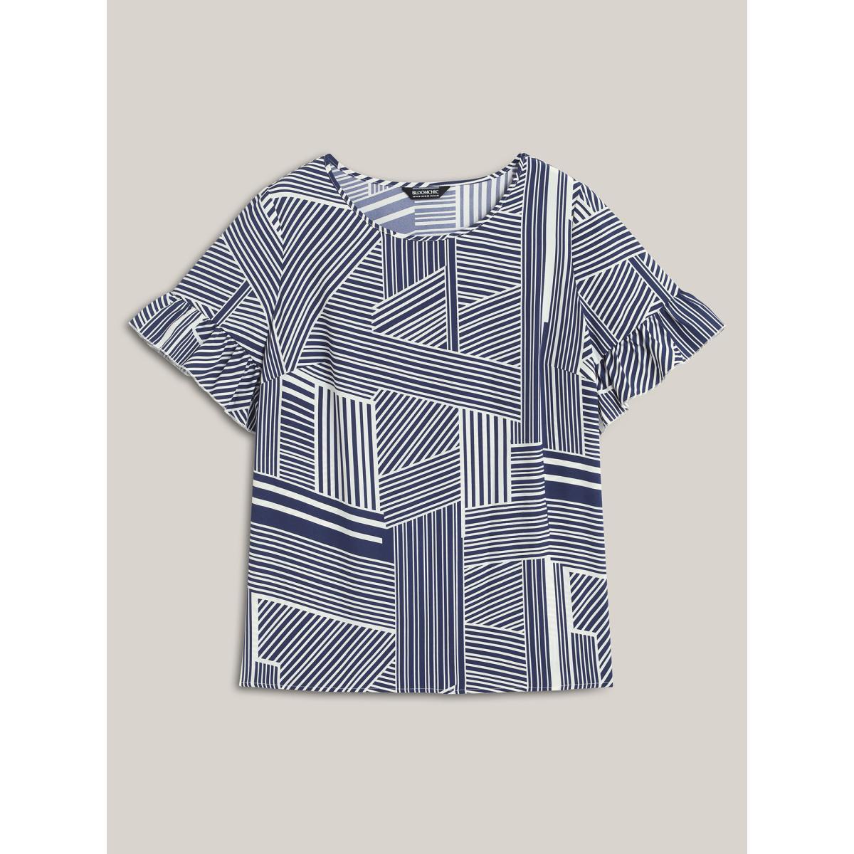 Plus Size Indigo Abstract Print Lotus Leaf Sleeve Blouse Women Work From Home Short sleeve Round Neck Work Blouses BloomChic 10/M Product Image
