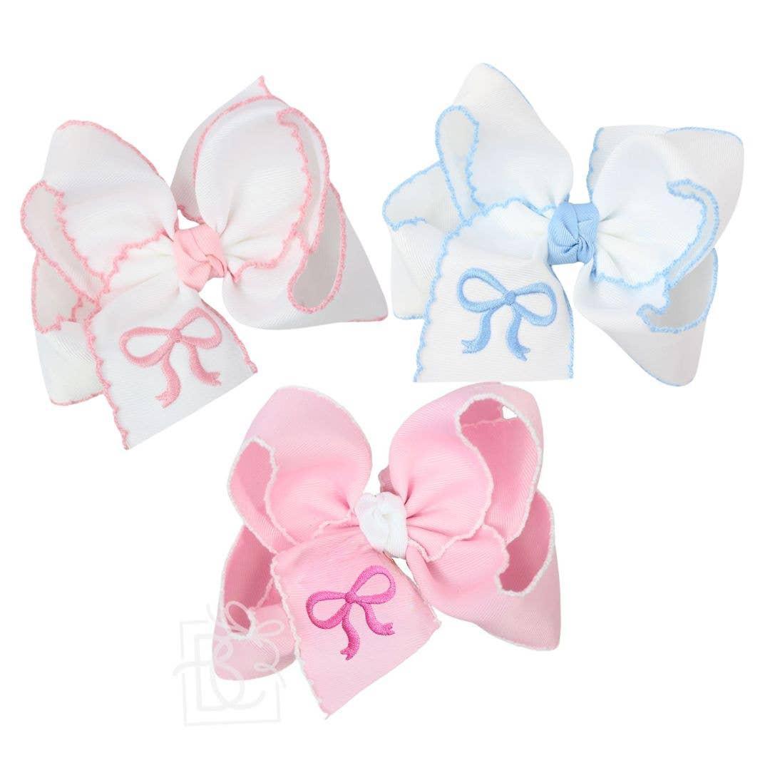 EMBROIDERED BOW CROCHET EDGE HAIR BOW ON ALLIGATOR CLIP : Light Pink w/ White Crochet Edge & Hot Pink Embroidered Bow / 5.5" Huge Product Image