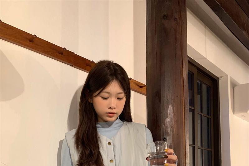 Long-Sleeve Mock Neck Plain Slim Fit T-Shirt / Padded Button Vest / Elastic Waist Midi A-Line Skirt Product Image