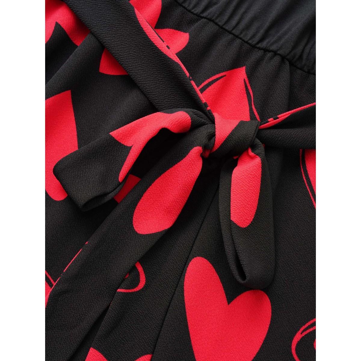 Plus Size Heart Print Notched Belted Patchwork Dress Black Women Elegant Non Notched collar Elbow-length sleeve Curvy Midi Dress BloomChic 30/6X Product Image