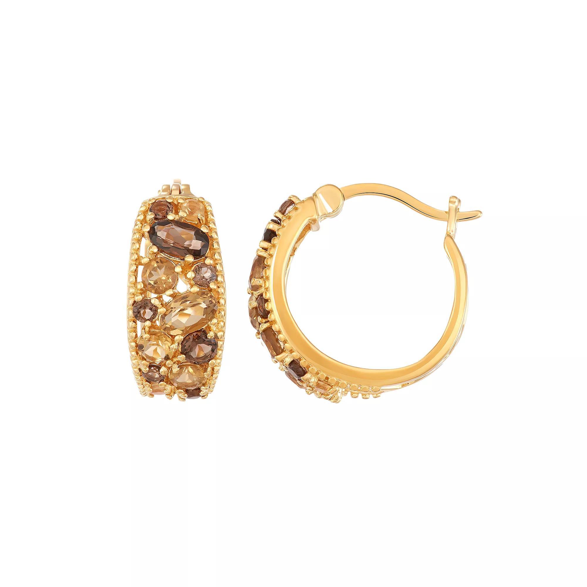 14k Gold Over Silver Cognac & Smoky Quartz Cluster Hoop Earrings, Women's, Gold Tone Product Image