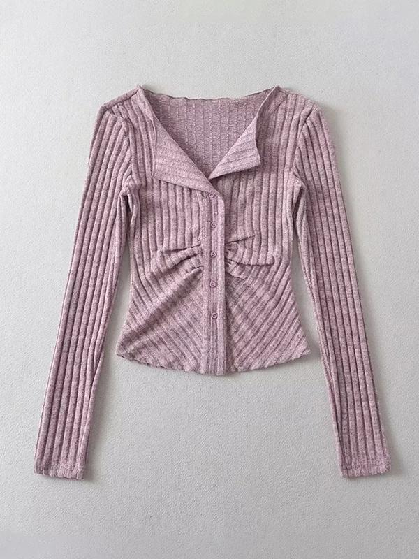 Solid Color Lapel Neck Ruched Breasted Long Sleeve Knit Product Image